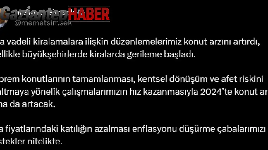 Bakan Şimşek: 'Kira fiyatlarının azalması enflasyonu düşürme çabalarımızı destekliyor'