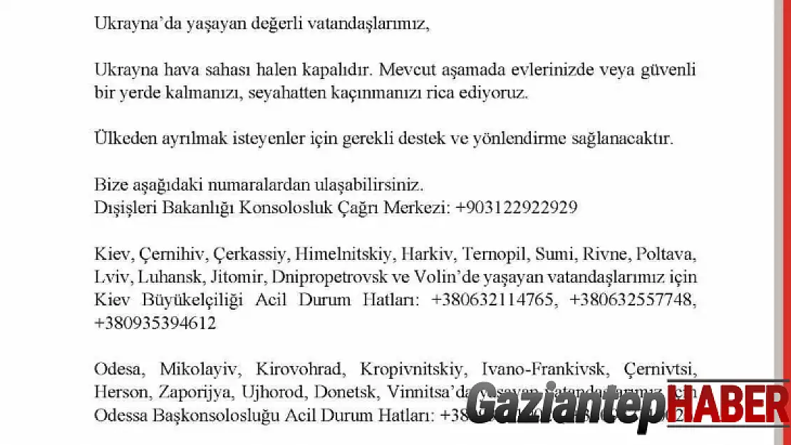 Dışişleri Bakanlığından Ukrayna'daki Türk vatandaşlarına uyarı