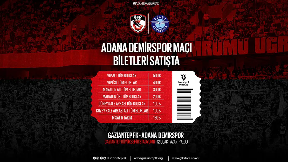 Gaziantep FK - Adana Demirspor Maçı Biletleri Satışta