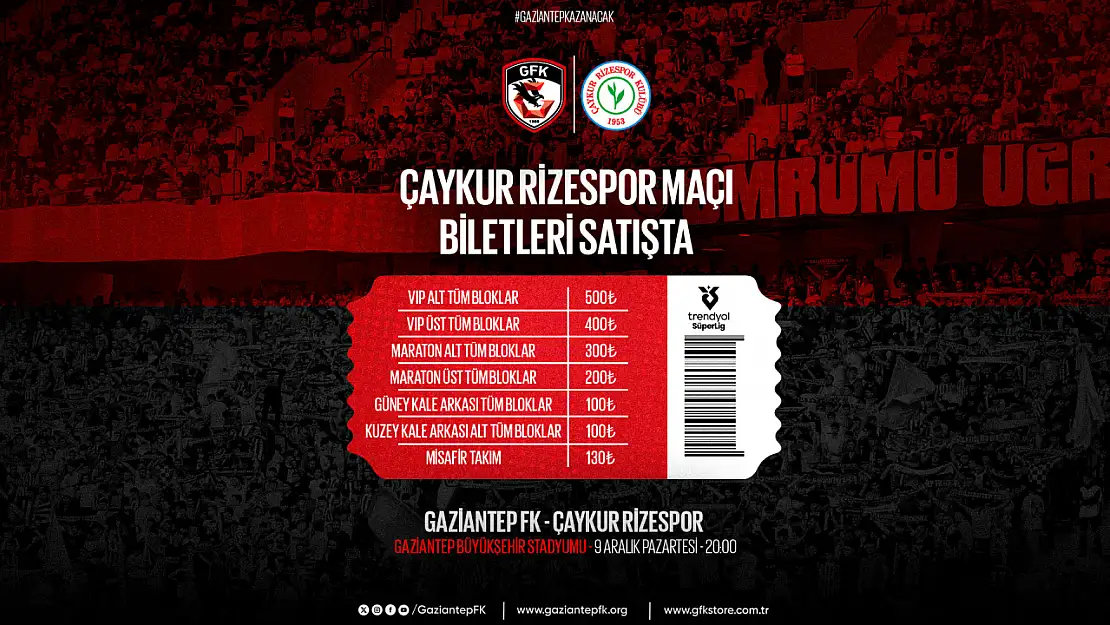 Gaziantep FK - Çaykur Rizespor Maçı Biletleri Satışta