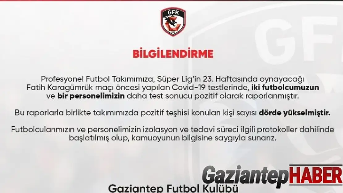 Gaziantep FK'da dört pozitif vaka
