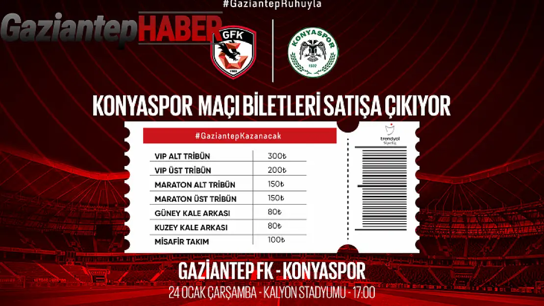 Gaziantep FK, Konyaspor Maçının Biletlerini Satışa Çıkardı