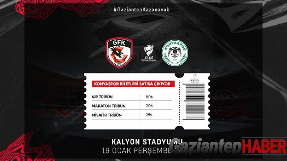 Gaziantep Futbol Kulübü'nün, Ziraat Türkiye Kupası konuk edeceği Konyaspor maçı biletleri satışa çıktı.