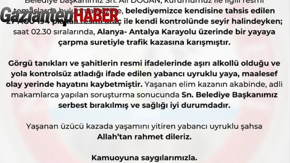 Nizip Belediye Başkanı Doğan'ın çarptığı yaya hayatını kaybetti