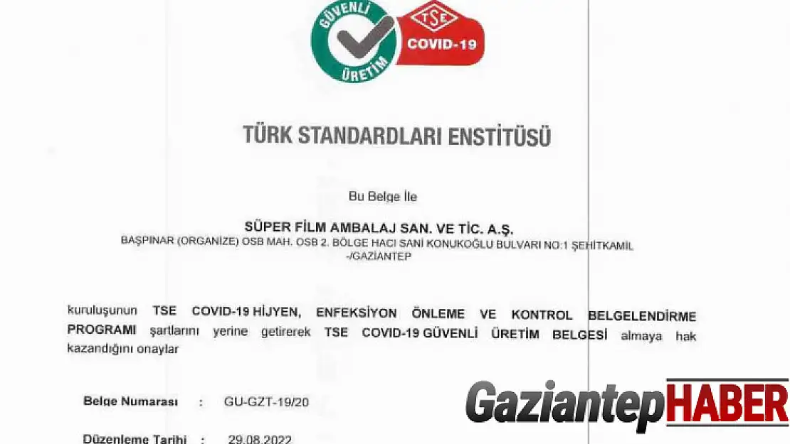 TSE Covıd-19 güvenli üretim belgesi
