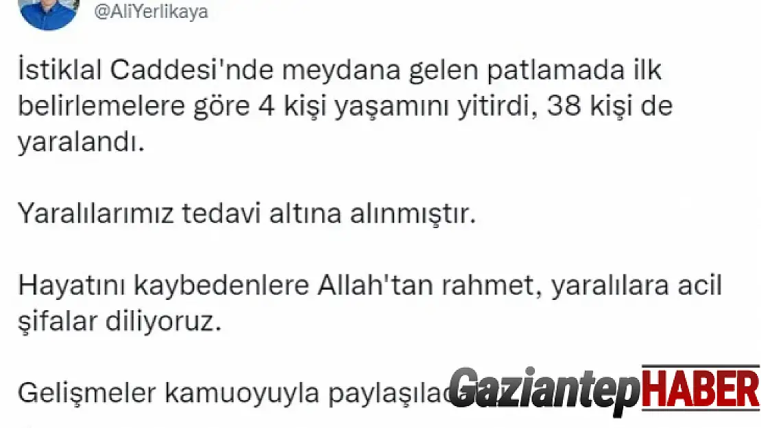 İstiklal Caddesi'nde meydana gelen patlamada 4 kişi hayatını kaybetti, 38 kişi yaralandı.