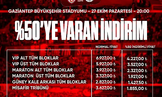 Gaziantep FK - Fenerbahçe maçı biletleri yüzde 50 indirimli satışta