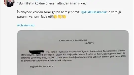 Afetzede gelen yardımın yarısını devlete iade etti