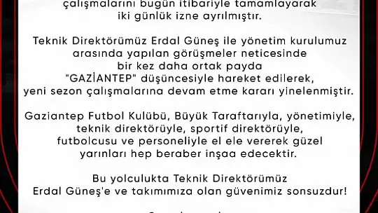Gaziantep FK'dan Erdal Güneş açıklaması