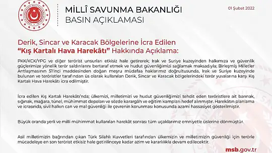 MSB'den Suriye ve Irak'ın kuzeyine hava harekatı