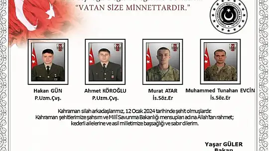 MSB, şehit askerlerin isimlerini açıkladı