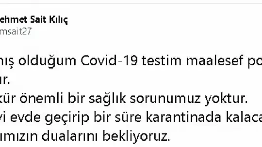 Oğuzeli Belediye Başkanı Kılıç korona virüse yakalandı