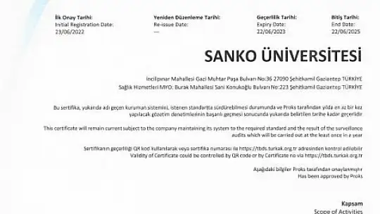 SANKO Üniversitesi'nin 'ISO Bilgi Güvenliği Yönetim Sistemi Belgesi' gururu