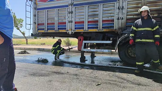 Seyir halindeki tırın lastikleri alev aldı
