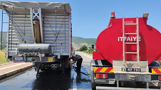 Seyir halindeki tırın lastikleri alev aldı