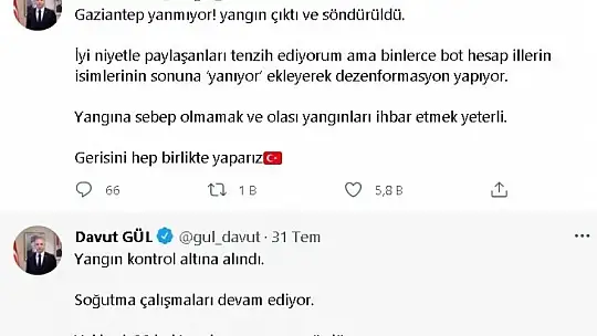 Vali Gül'ün yangın hassasiyeti