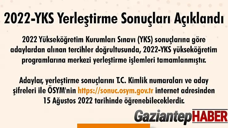 2022-YKS Yerleştirme Sonuçları Açıklandı