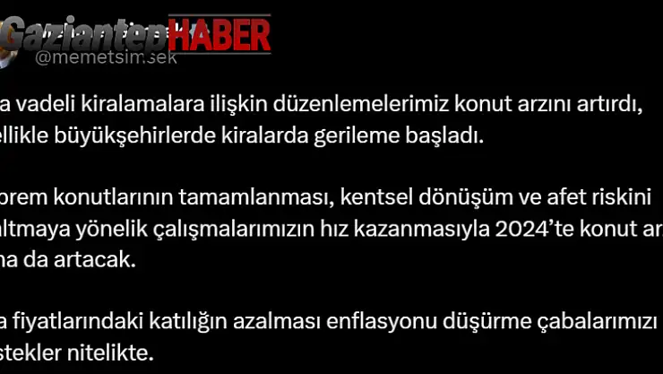 Bakan Şimşek: 'Kira fiyatlarının azalması enflasyonu düşürme çabalarımızı destekliyor'