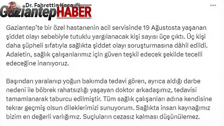 Gaziantep'te doktora darp olayında tutuklu sayısı 3'e çıktı