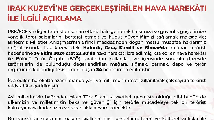 Irak'ın kuzeyine hava harekatı: 34 hedef imha edildi