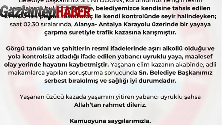 Nizip Belediye Başkanı Doğan'ın çarptığı yaya hayatını kaybetti