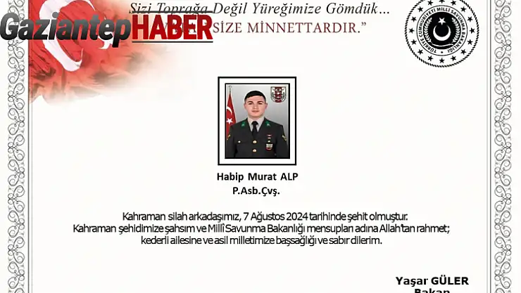 Pençe-Kilit Harekât bölgesinde Piyade Astsubay Çavuş Habip Murat Alp şehit oldu