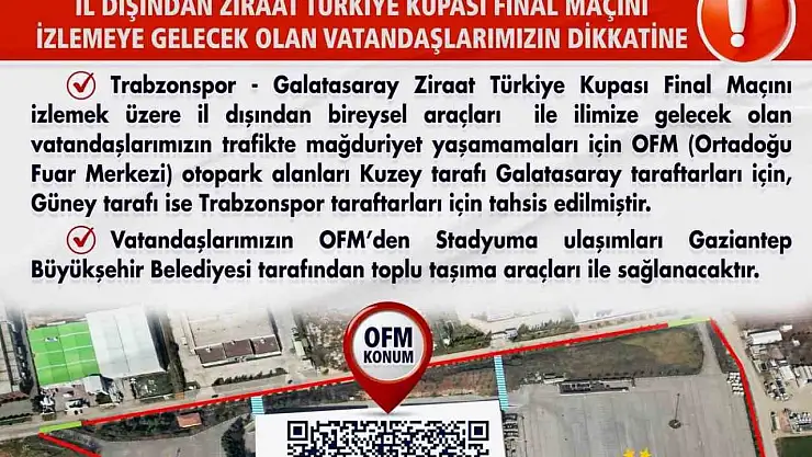 Türkiye Kupası finaline araçlarıyla gelecek taraftarlar için Gaziantep'teki otopark alanları belirlendi