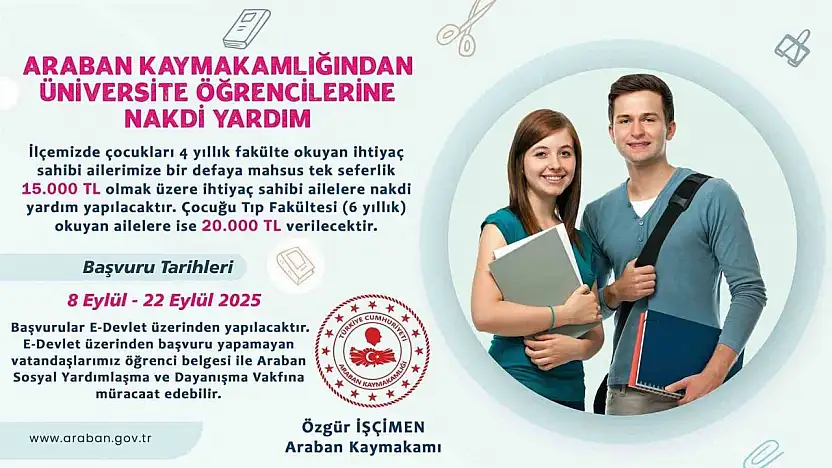 Araban Kaymakamlığı'ndan üniversite öğrencilerine nakdi yardım