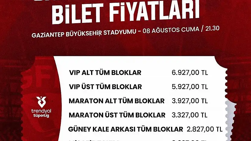 Gaziantep FK - Galatasaray maçı biletleri satışa çıkıyor