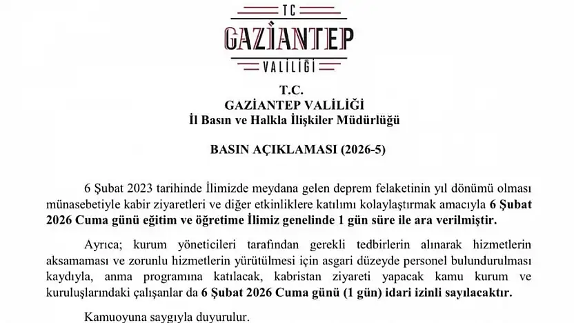 Gaziantep'te 6 Şubat'ta eğitime 1 gün ara verildi