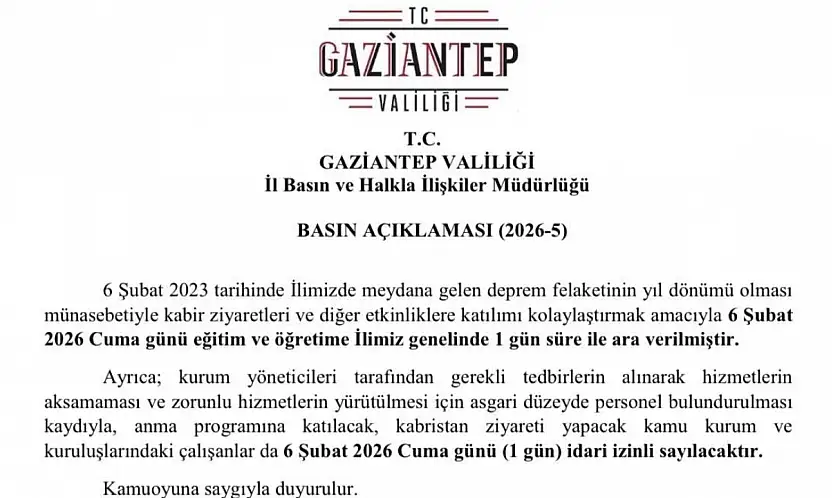 Gaziantep'te 6 Şubat'ta eğitime 1 gün ara verildi