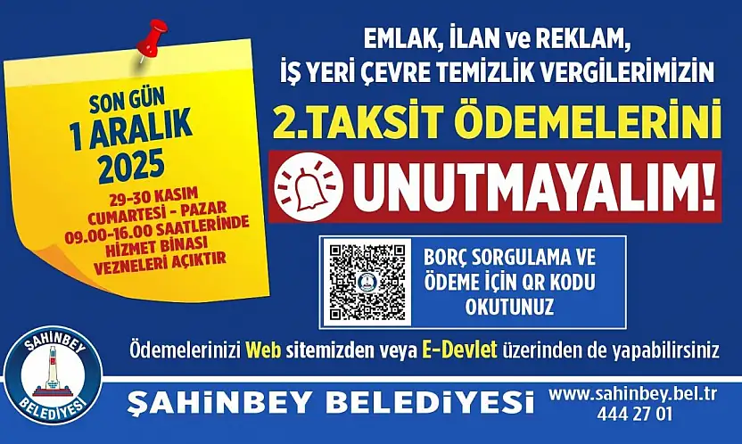 Şahinbey Belediyesi'nden vergi borcu hatırlatması: Son gün 1 Aralık