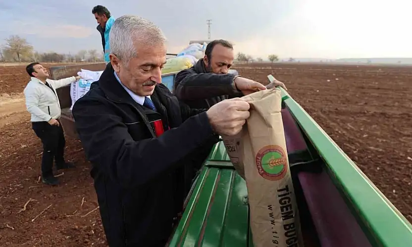 Tahmazoğlu dağıttığı tohumları çiftçilerle ekti